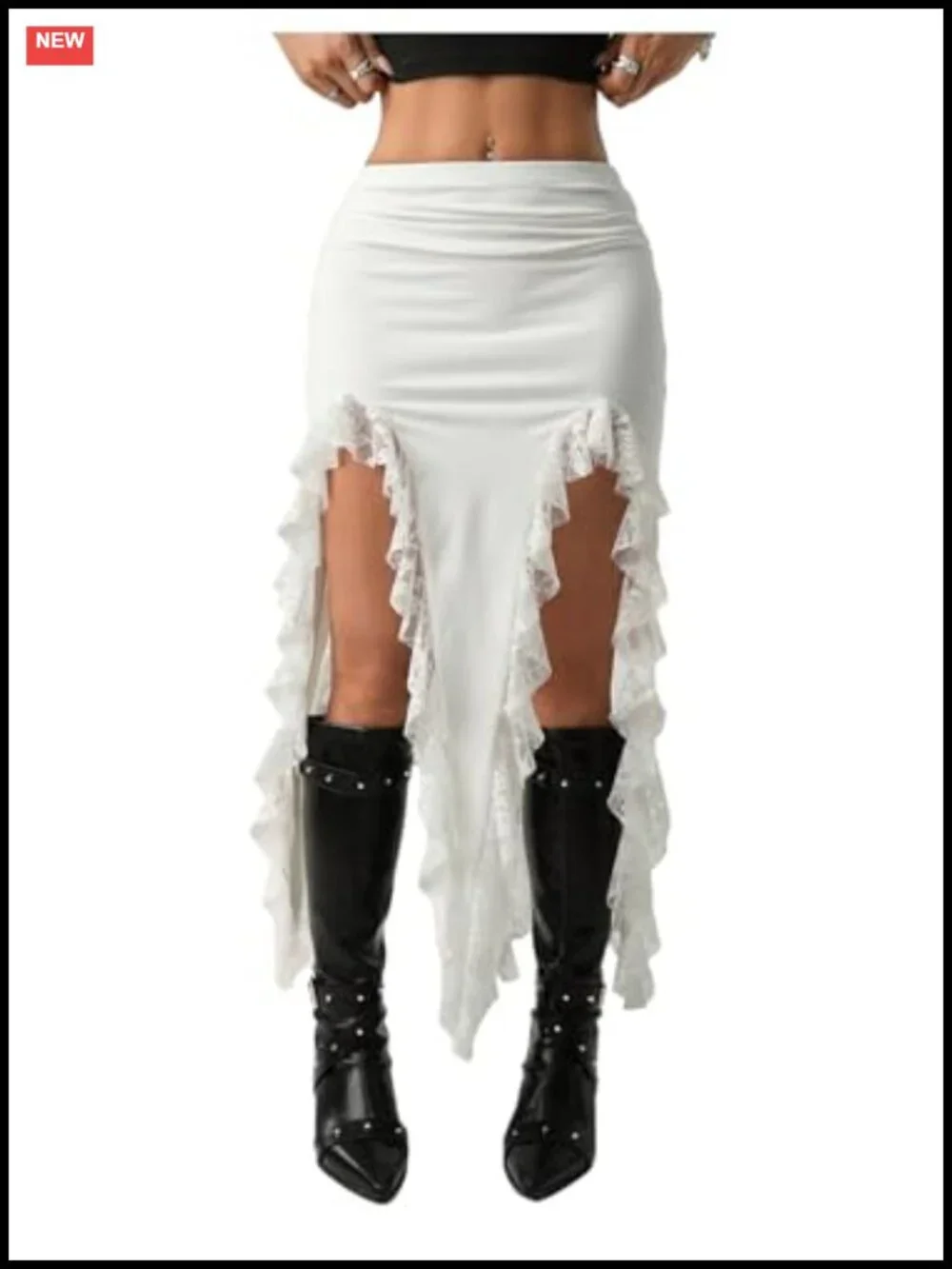 Asymmetrical Lace Trim Fringe Skirt with Slit, Flowy Western Festival Skirt